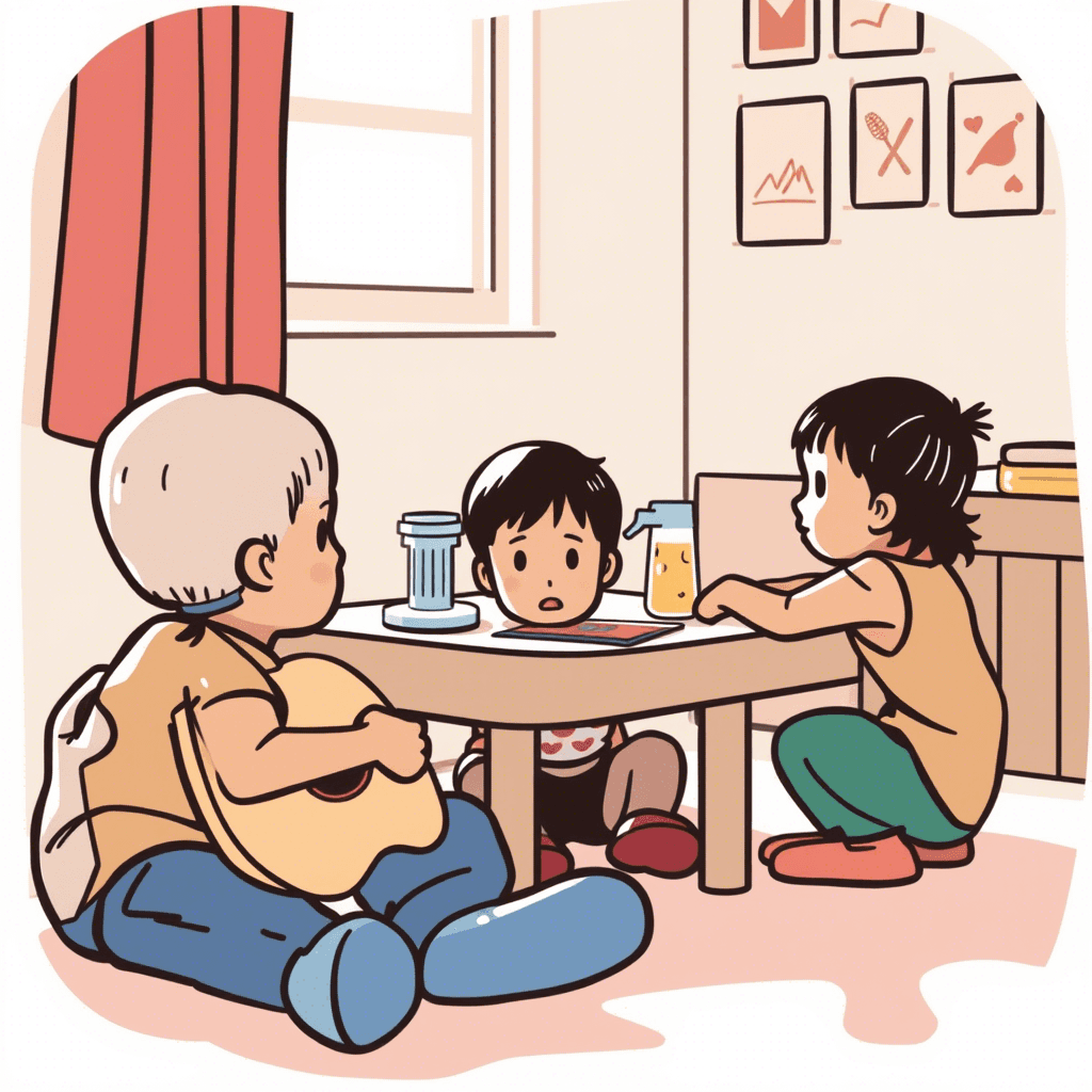 A colorful cartoon illustration of three children sitting around a small table in a cozy room