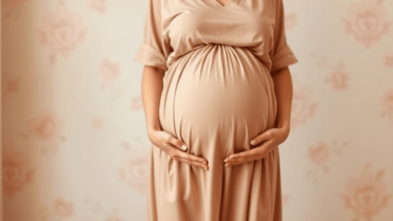 A pregnant woman smiling while gently holding her baby bump, symbolizing motherhood and the joy of expecting a new life.