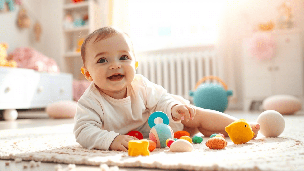 Curious 6-12 month old baby playing with colorful toys on a soft blanket.